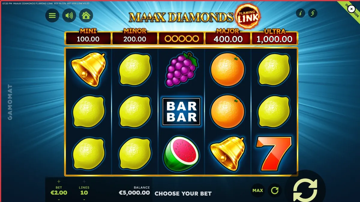Tampilan visual slot Maaax Diamonds Flaming Link dengan simbol buah klasik dan berlian menyala.